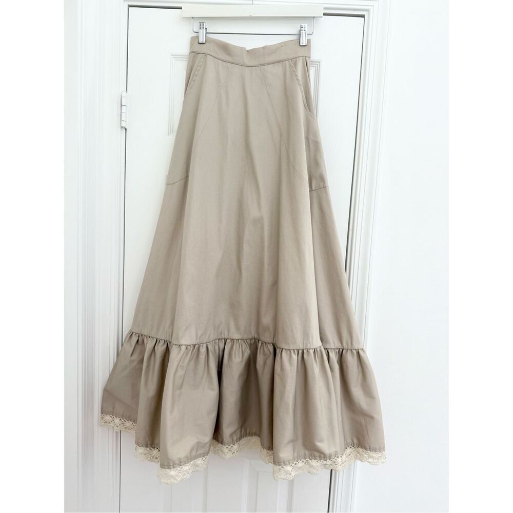 Cristina Sabathi Taupe‎ Tiered Lace Trim Cotton Blend Maxi Peasant Skirt XS